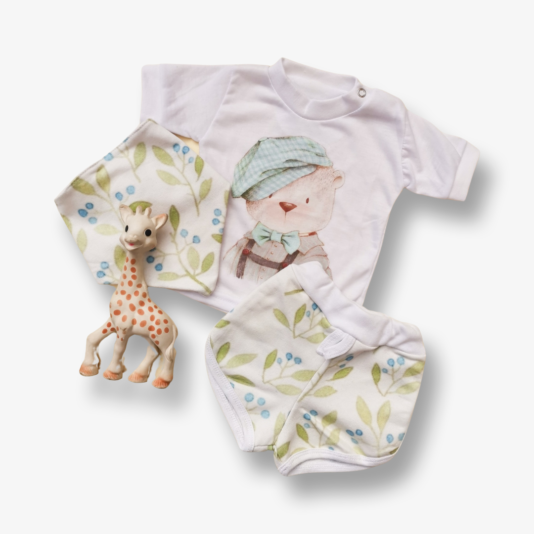 Conjunto 3 piezas, short, polera y bandana