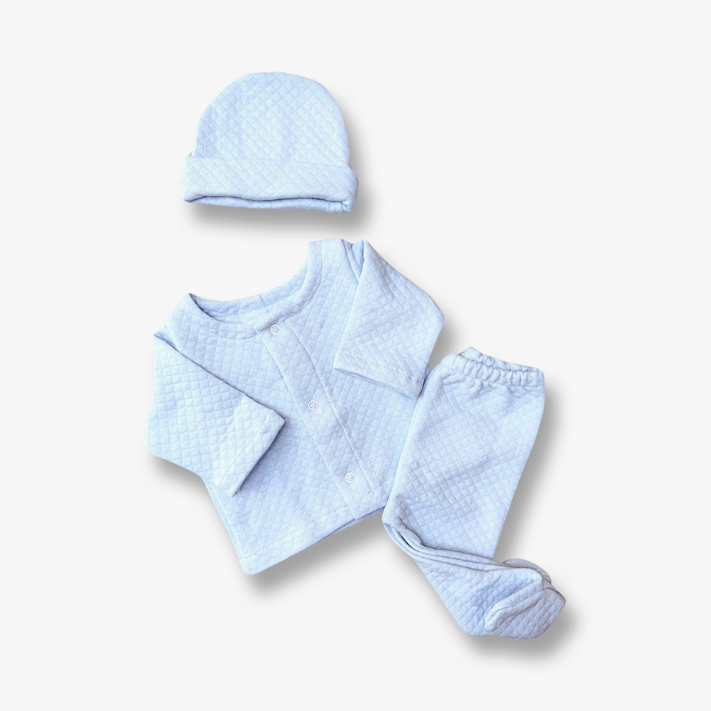 Ajuar 3 piezas matelassé tono celeste