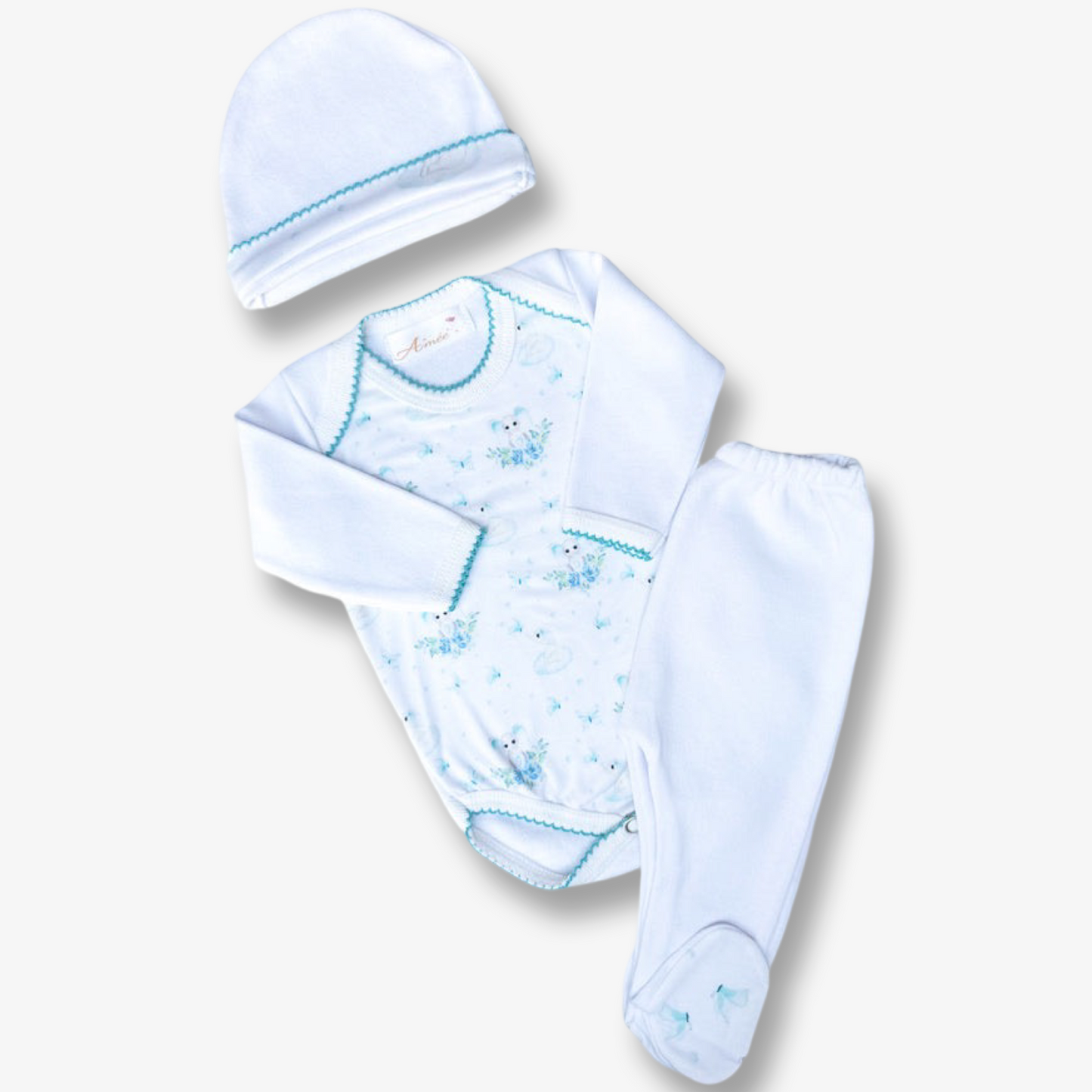 Ajuar 3 piezas bebé elefante y flores 0 a 3 meses