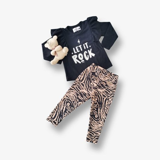 Polera negra estampada let it rock 6 a 9 meses