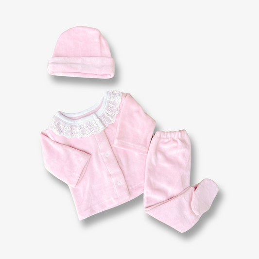 Ajuar plush soft broderie en tono rosa