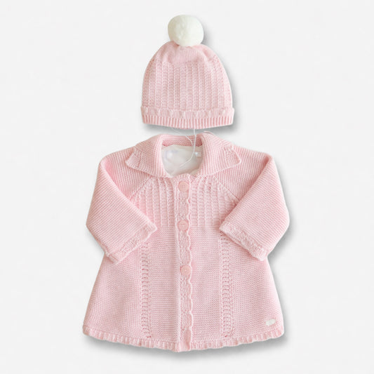Conjunto gorro y abrigo tejido Español tono Rosa, pocas unidades.